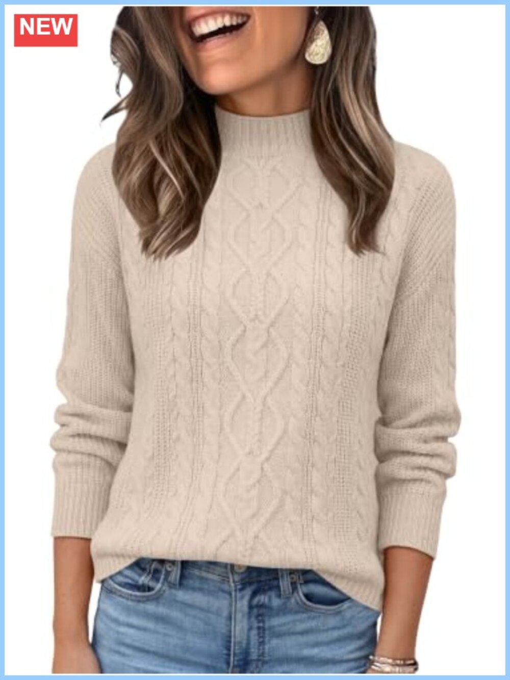 Cable Knit Mock Neck Long Sleeve Pullover Sweater